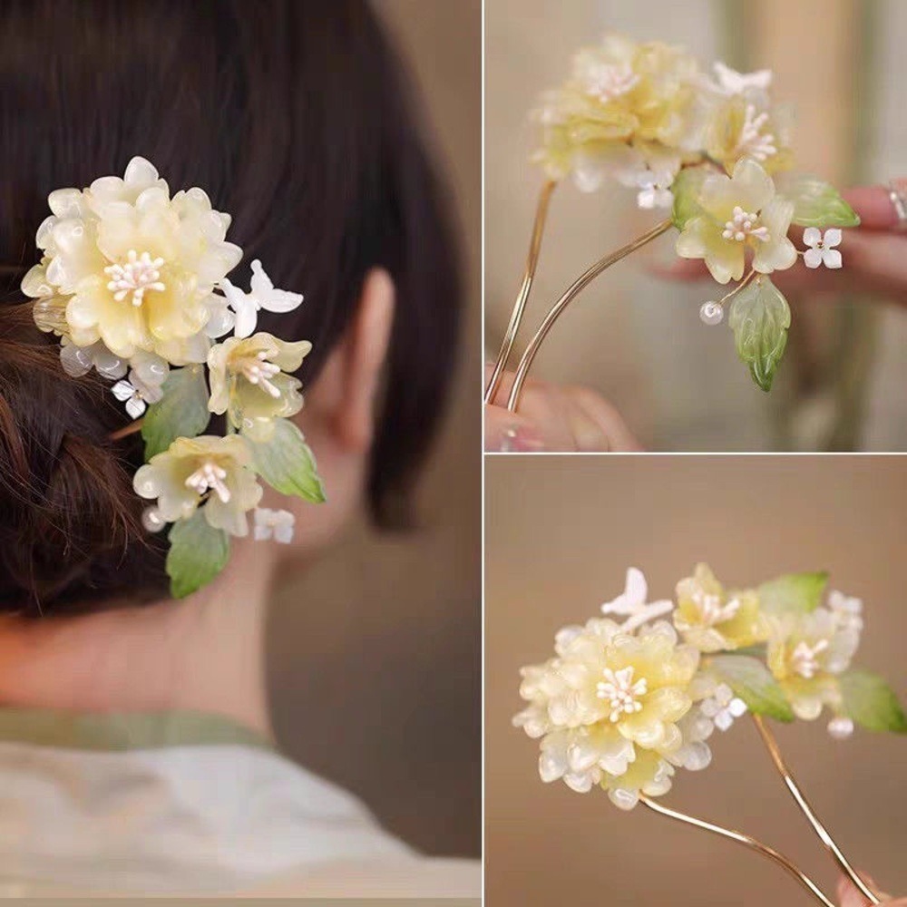 Elegant Glass Floral Bridal Hair Fork – Yellow Blossom U-Shaped Kanzashi new